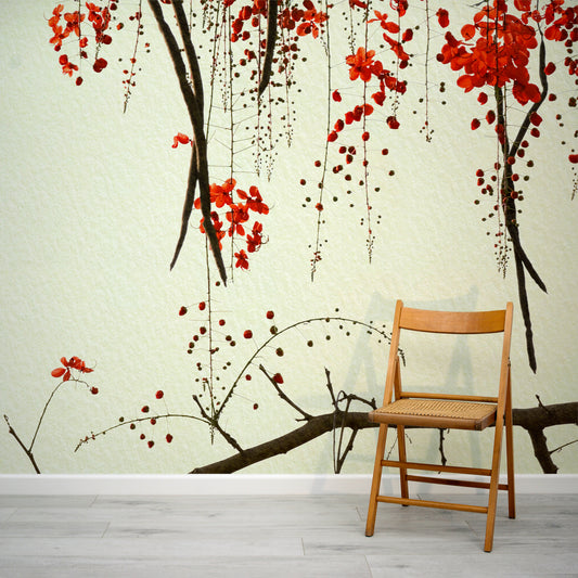 Crimson Blossom Wallpaper In Room With Foldy Wooden Chair