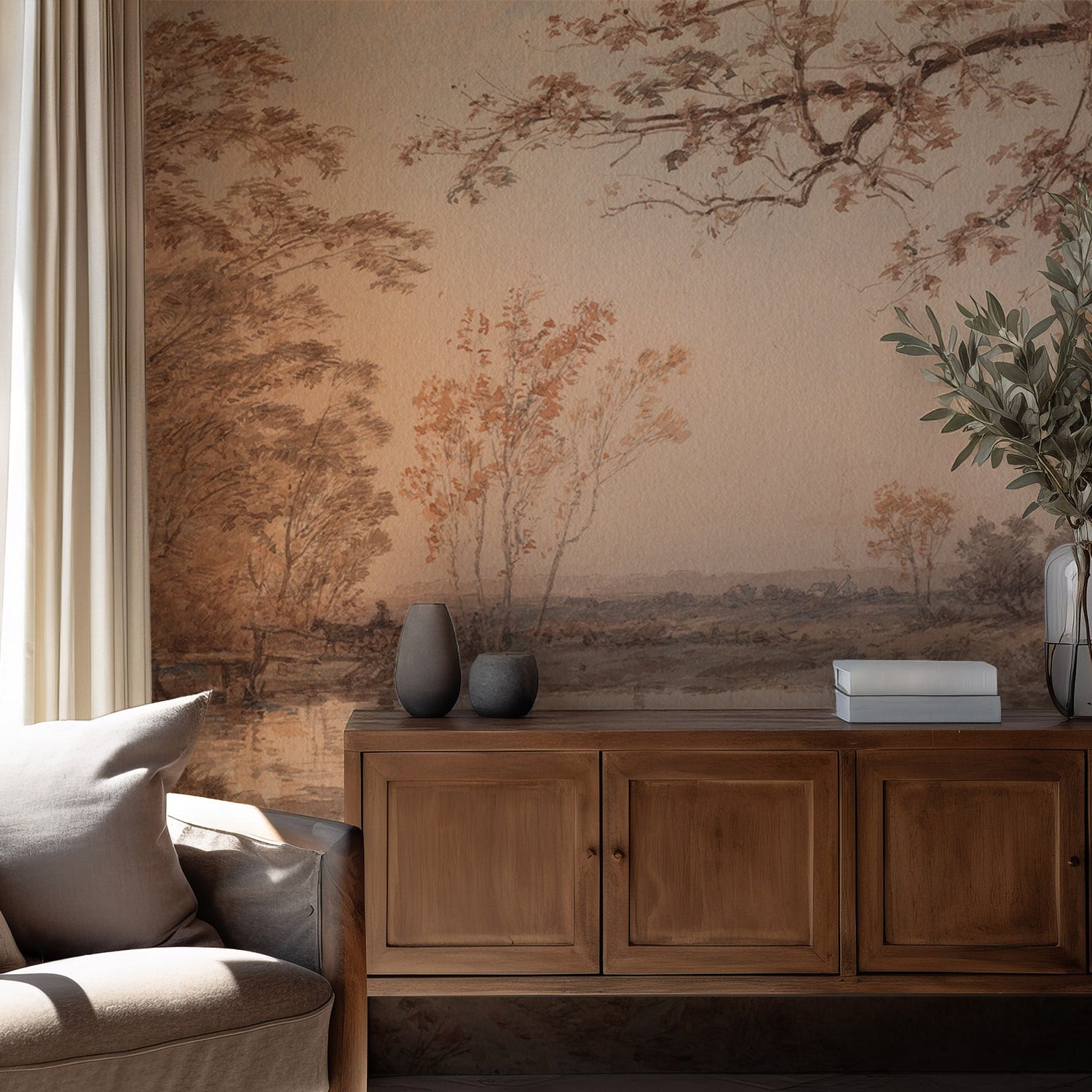 Wall Mural - Watercolour Autumn Lake Landscape Painting - Traditional Wallpaper (Paste-the-wall) - Made to Measure
