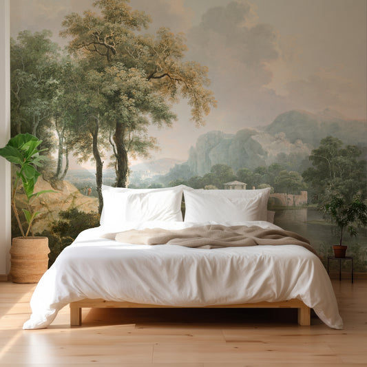Dale Wallpaper In Blank Bedroom With White Duvet Covers & Pillows With Green Plant