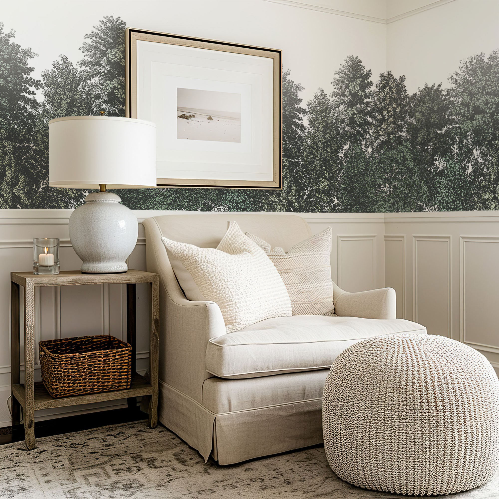 Wall Mural - Green Panoramic Etched Trees Scene - Traditional Wallpaper (Paste-the-wall) - Made to Measure