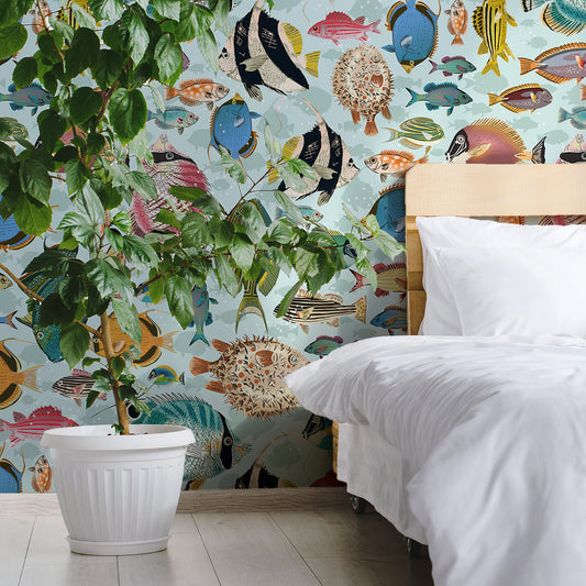 Deep Silence Aqua Crisscross wallpaper in bedroom with wooden bed and white bedding and large plant in white plant pot