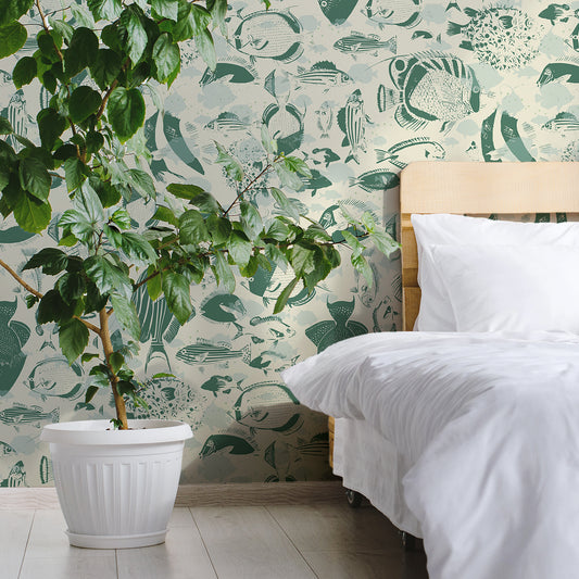 Deep Silence Contour Light Wallpaper in bedroom with white bed and large green plant in white plant pot