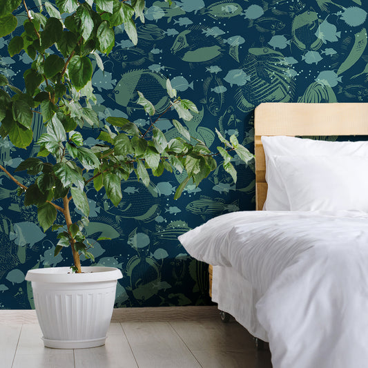 Deep Silence Fishes Contour Dark Wallpaper in bedroom with white bed and large green plant in white plant pot