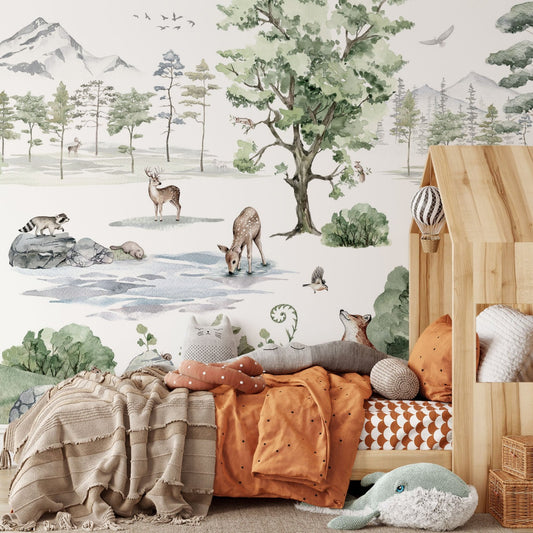 Deer Forest Kid's Bedroom with Autumn Colored Bed and Animal Plush