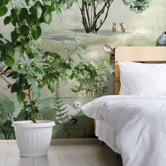 Deer Forest Summer Wallpaper In Bedroom With Large Green Plant