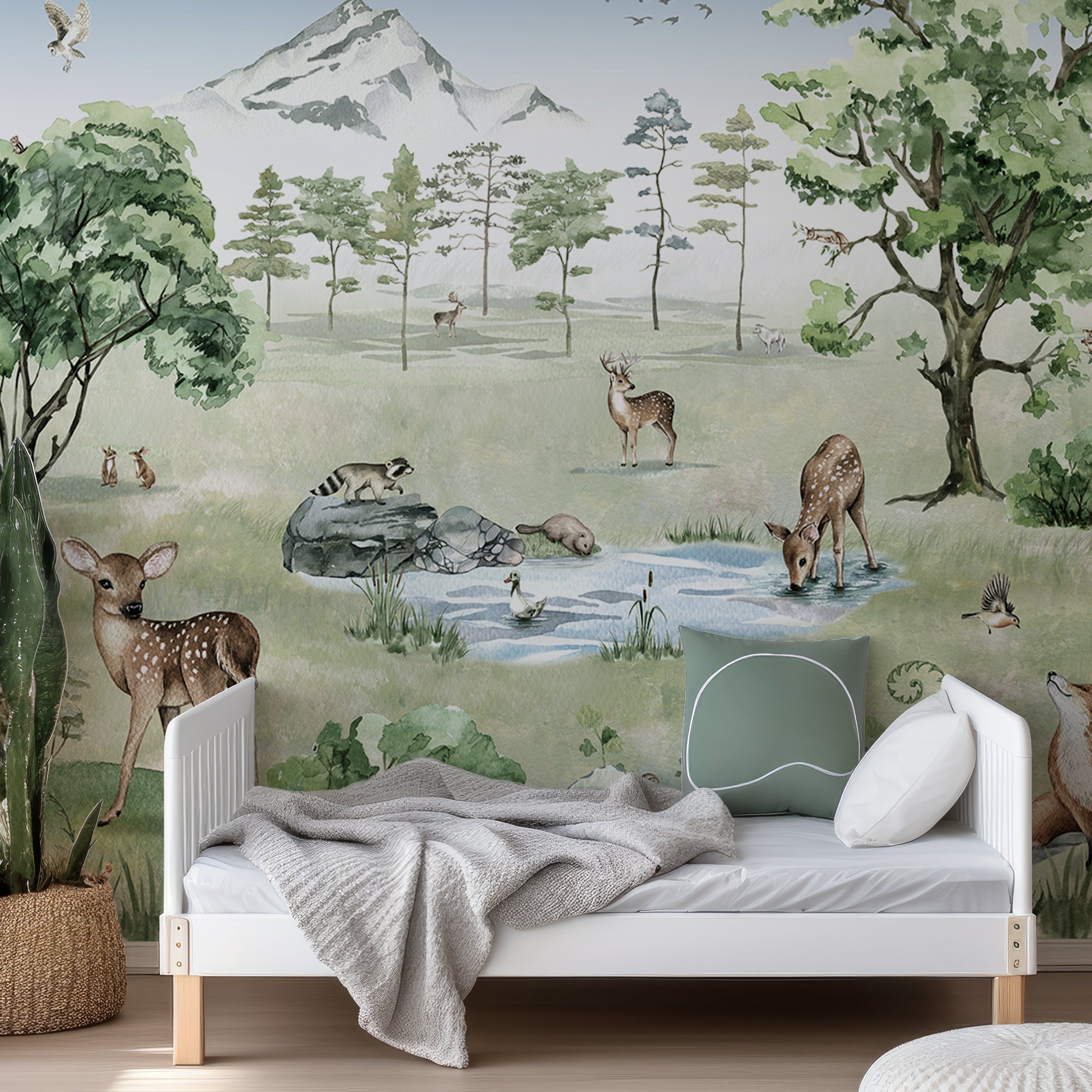 Wall Mural - Woodland Animals and Trees Watercolour Illustration - Traditional Wallpaper (Paste-the-wall) - Made to Measure