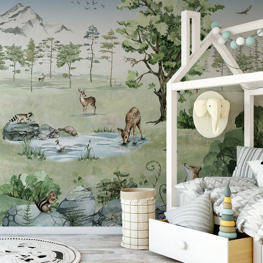 Deer Forest Summer Wallpaper In Child's Elephant Room