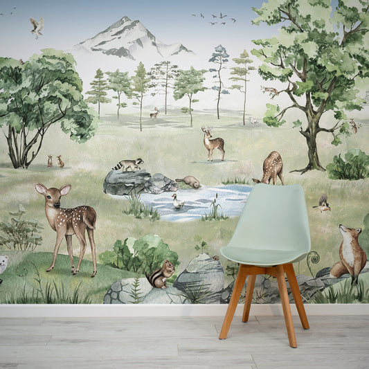 Deer Forest Summer Wallpaper In Room With Green Chair