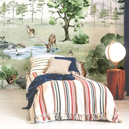 Deer Forest Summer Wallpaper In Room With Single Stripy Bed