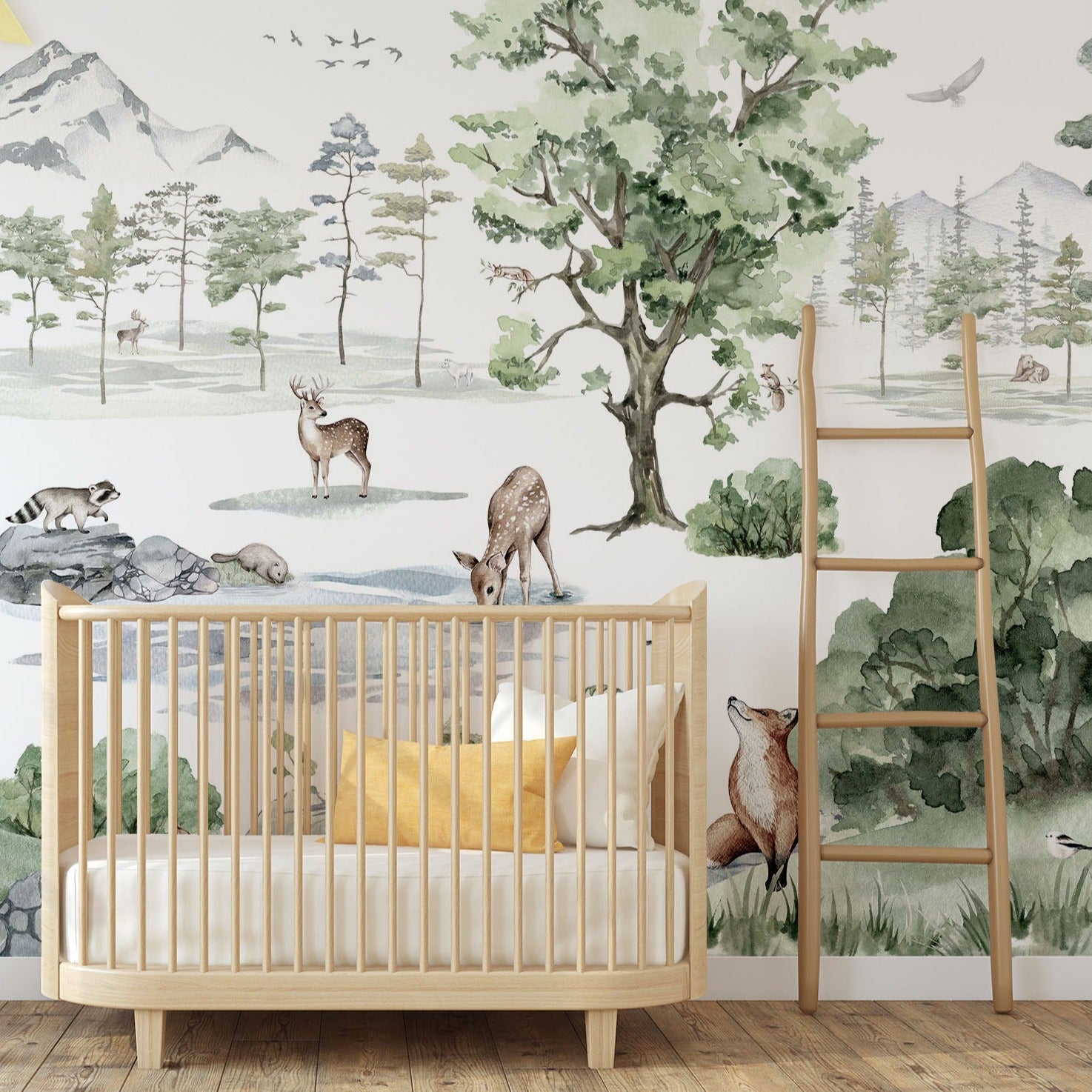 Wall Mural - Woodland Animals and Trees Watercolour Illustration - Traditional Wallpaper (Paste-the-wall) - Made to Measure