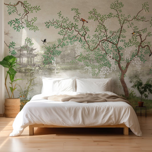 Derous Vintage Tree Painting Wallpaper In Blank Bedroom With White Duvet Covers & Pillows With Green Plant