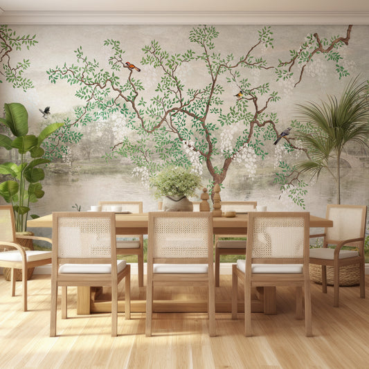 Derous Vintage Tree Painting Wallpaper In Dining Room With Wooden Table And Chairs
