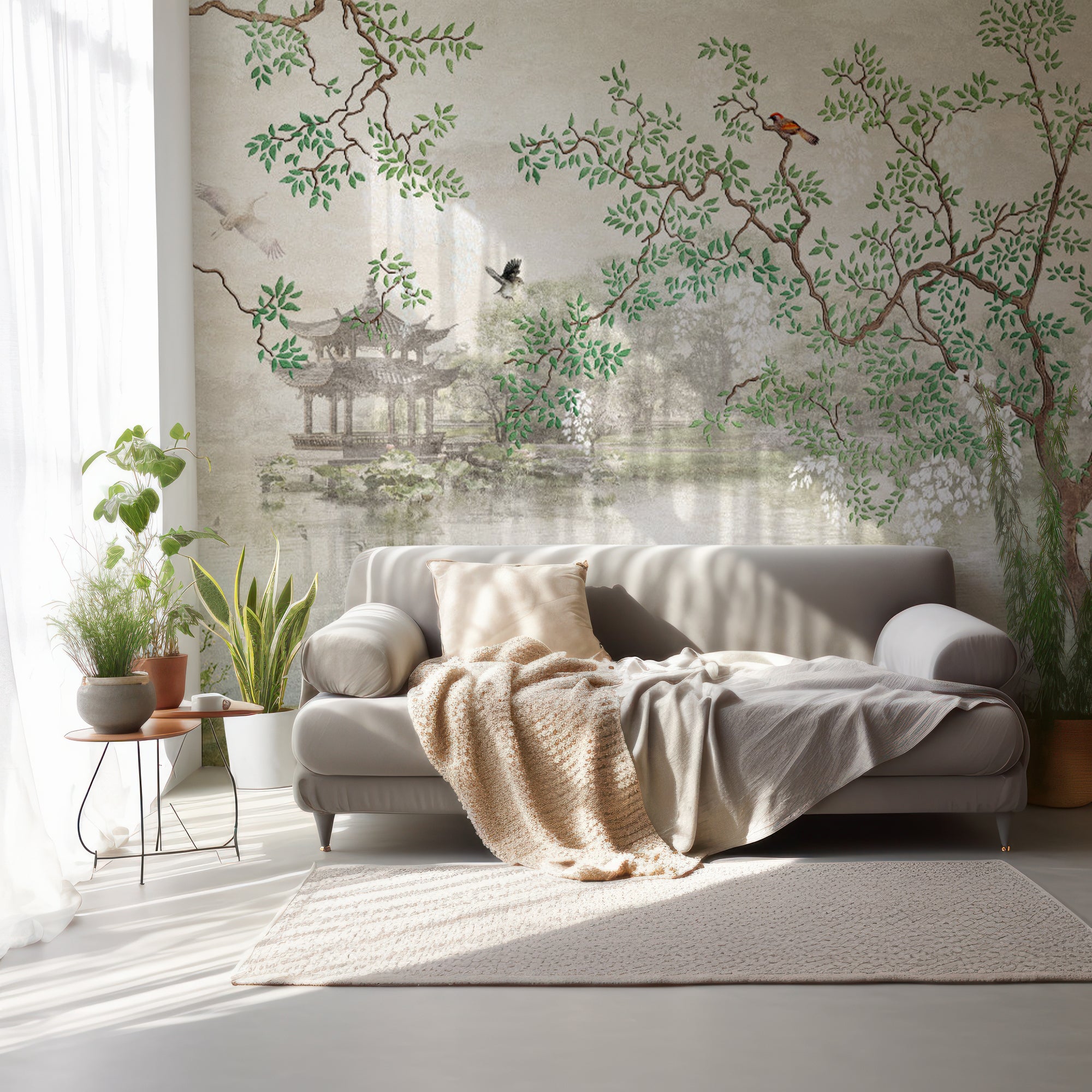 Wall Mural - Trees and Birds on a Lake - Traditional Wallpaper (Paste-the-wall) - Made to Measure