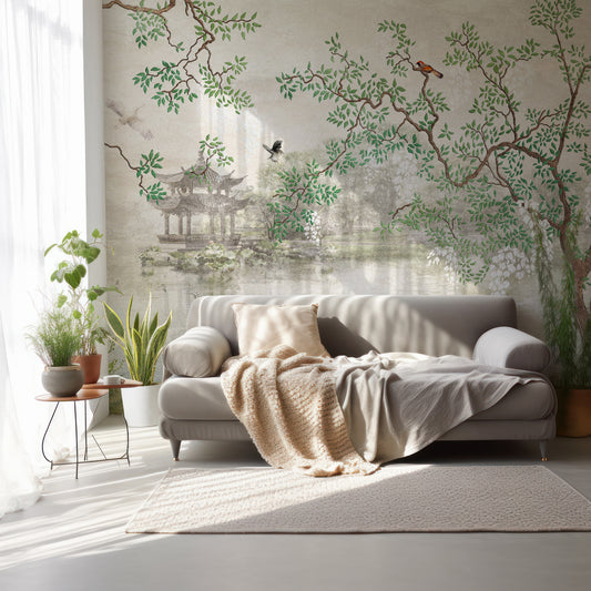 Derous Vintage Tree Painting Wallpaper In Room With Grey Sofa And PlantsWith Thin Curtain Letting Light In