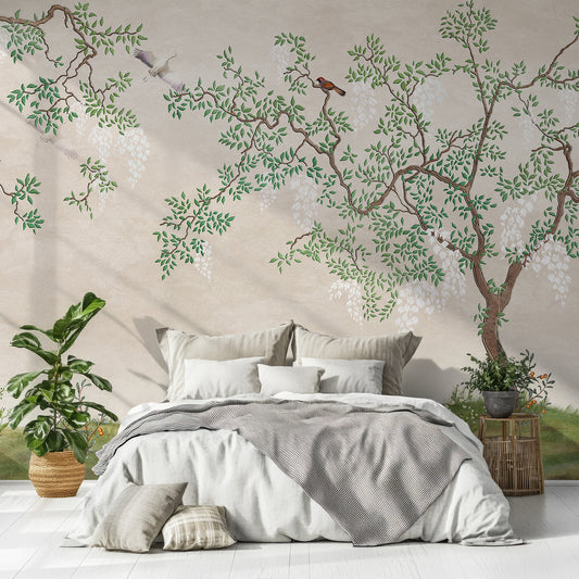 Derous Simplicity Wallpaper In Bedroom With Grey And White Bedding With Two Green Plants Either Side of The Bed In Wooden Plant Pots