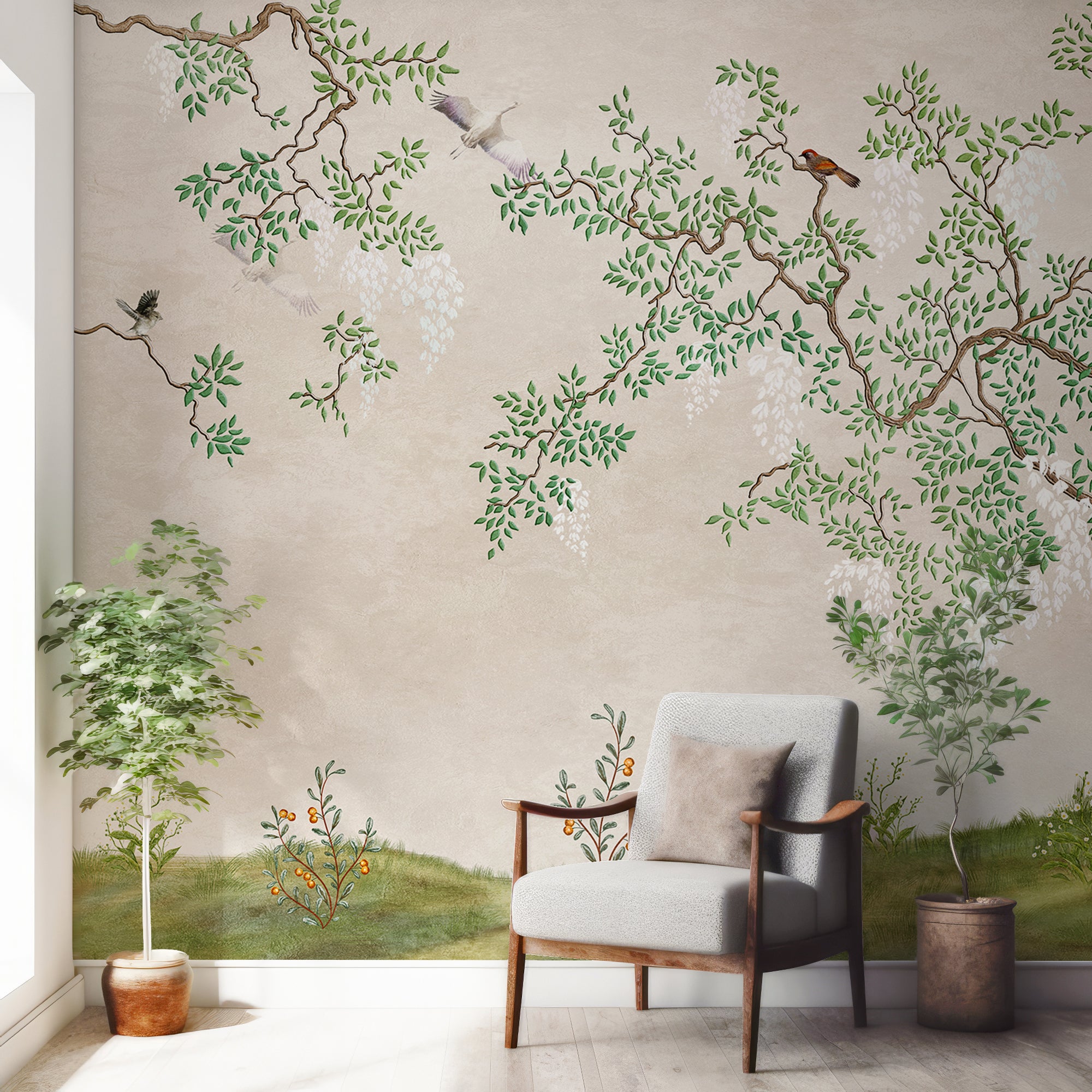 Wall Mural - Trees and Birds on a Riverbank - Traditional Wallpaper (Paste-the-wall) - Made to Measure