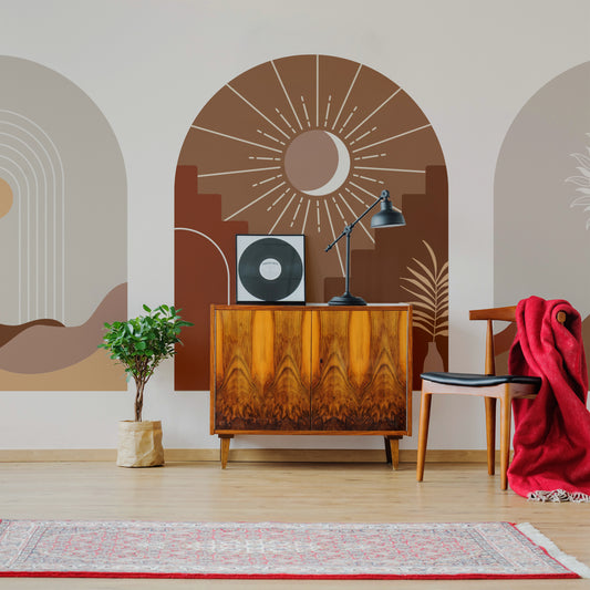 Desert Visions Wallpaper In Lounge With Wooden Dresser & Black Lamp
