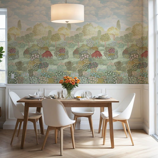 Dining room with wooden table and white chairs against a floral wall mural.