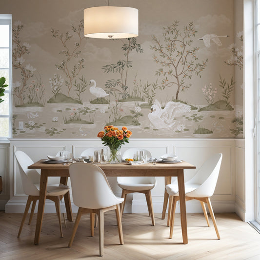 A styled dining room featuring a wall covered in elegant beige wallpaper with a mural of swans, trees, and birds. The room is furnished with a light wood dining table and four white modern chairs, under a large white drum pendant light.