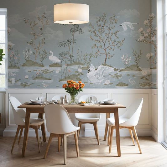 A styled dining room featuring a large wall mural with delicate swan and floral landscape illustrations in soft blue, beige, and white tones. The room is furnished with a light wood dining table, white chairs, a hanging drum pendant light, and a vase of orange flowers.