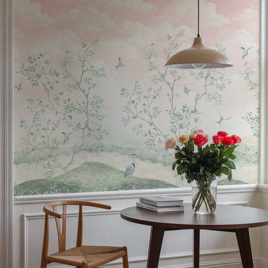 Room interior with floral wallpaper, wooden chair, round table, and vase of flowers.