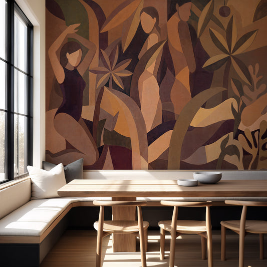 Dining area with a large abstract mural on the wall