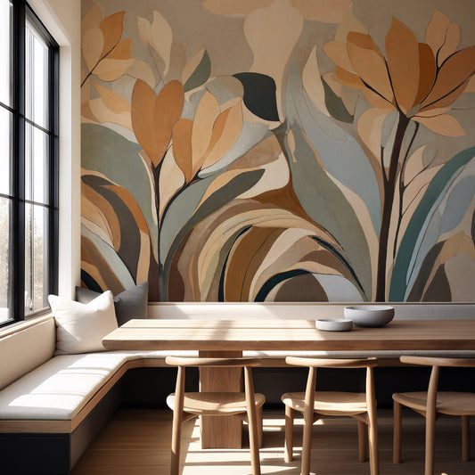 Dining room with wooden table and chairs against a wall with abstract floral mural.