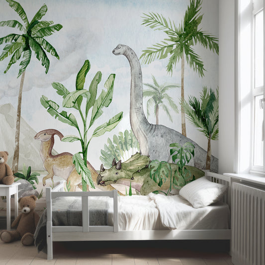 Dino Joy Wallpaper In Child's Bedroom With Grey Bed And Two Brown Teddy Bears