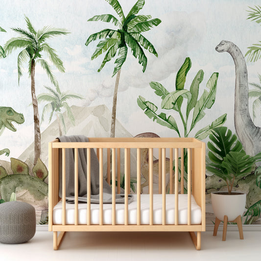 Dino Joy Wallpaper In Nursery With Wooden Crib And Green Plant And Grey Blankets