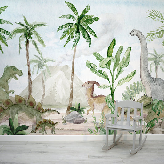 Dino Joy Wallpaper Mural In Room With Grey Chair