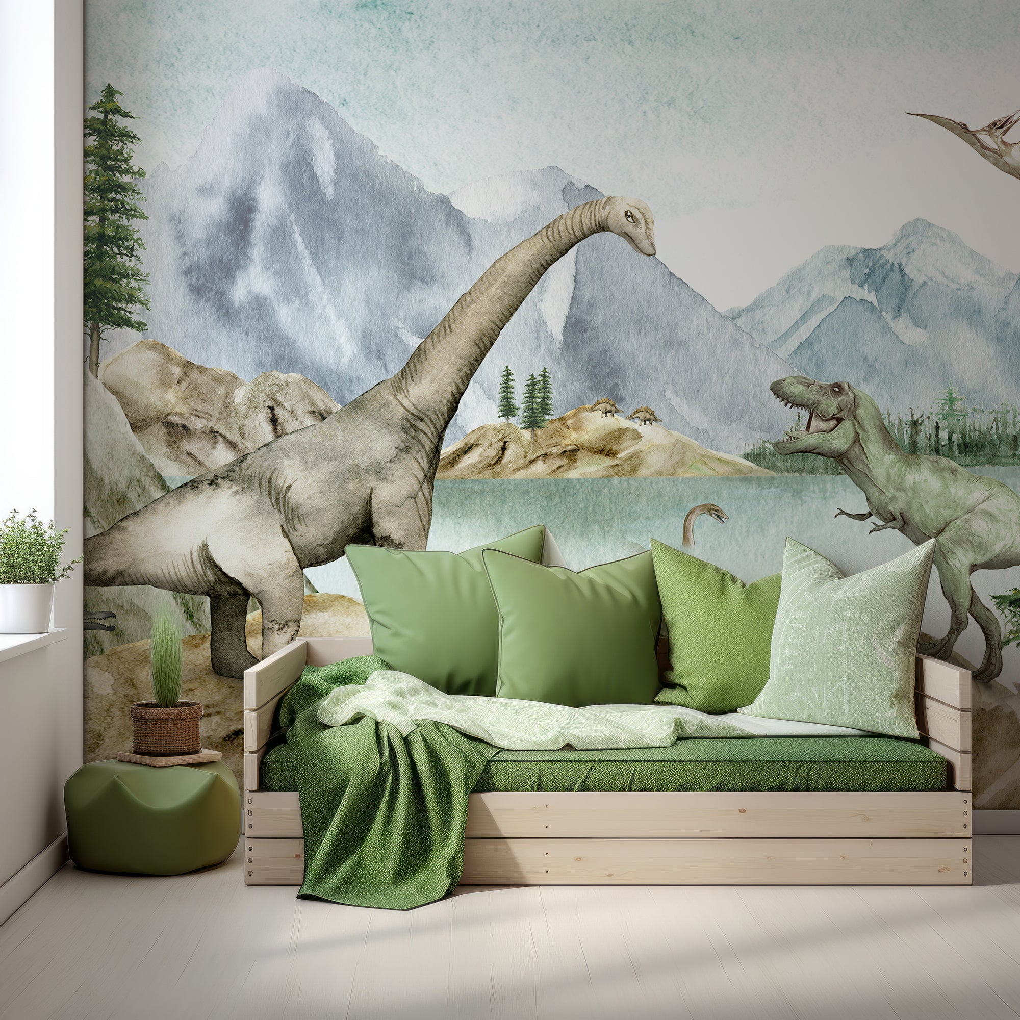 Wall Mural - Children's Watercolour Dinosaur Scene - Traditional Wallpaper (Paste-the-wall) - Made to Measure