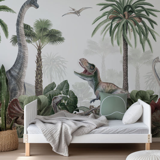 Dinosaur Jungle Wallpaper In Child's Bedroom With Green Bedding With White Bed And White Bed Frame