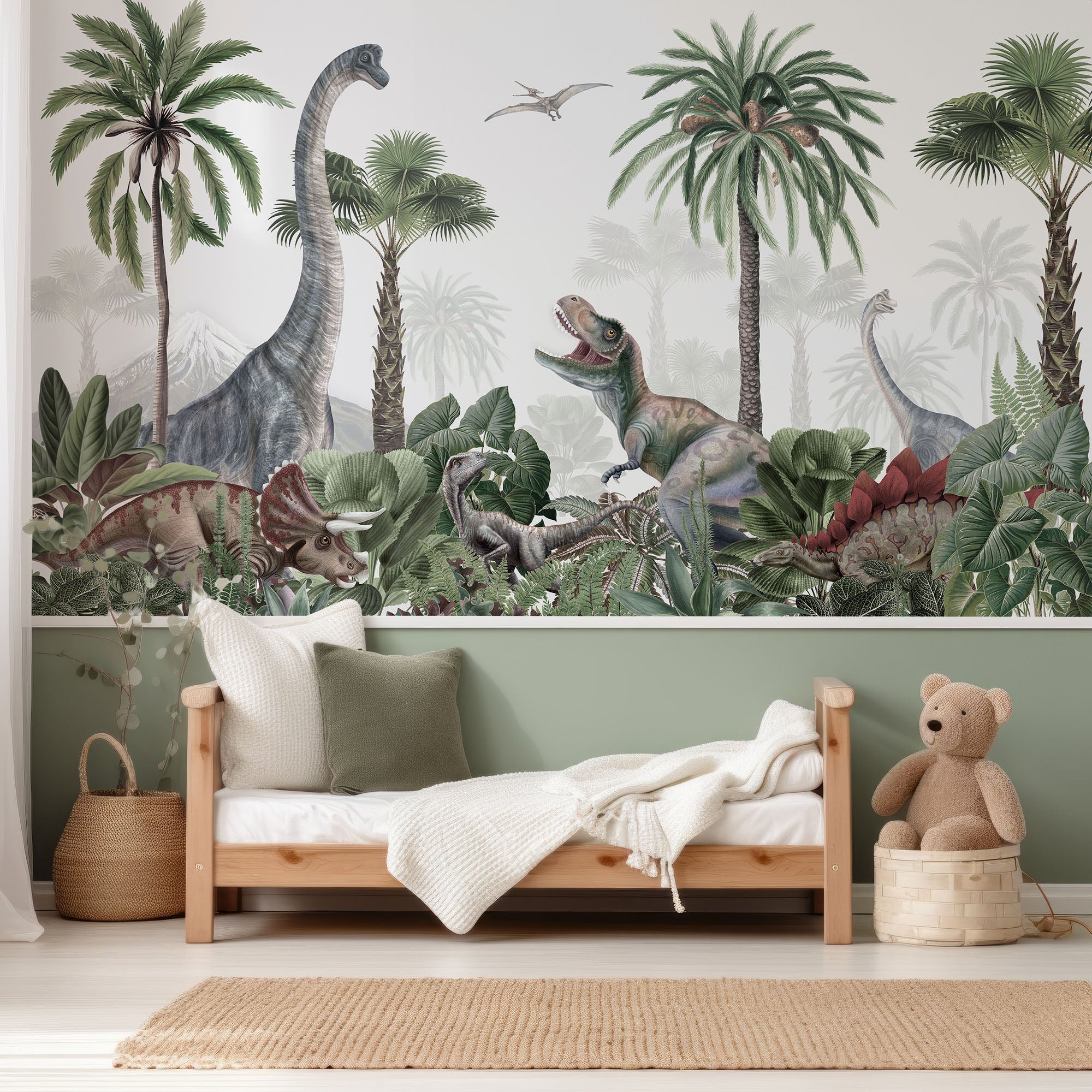 Wall Mural - Dinosaurs and Trees Watercolour Illustration - Traditional Wallpaper (Paste-the-wall) - Made to Measure