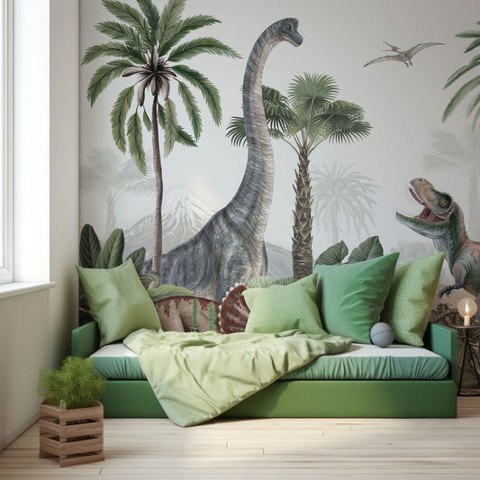 Dinosaur Jungle Wallpaper In Children's Bedroom With Single Dark Green Bed With Plants