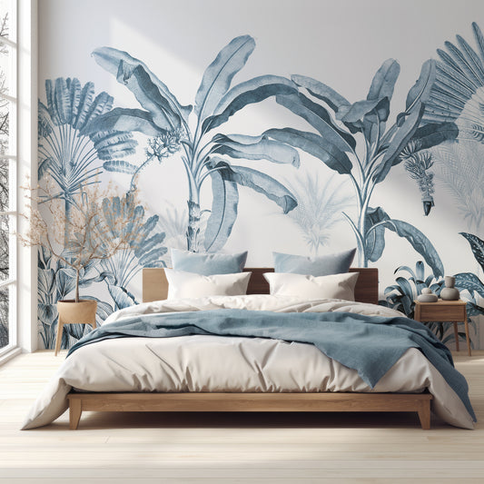 Dominica Blue Wallpaper In Bedroom With Dark Blue Bed In Very Bright Room With Great Lighting