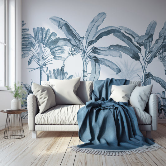 Dominica Blue Wallpaper In Living Room With Wooden Floor, Windows, Plants And Large Blue Sofa