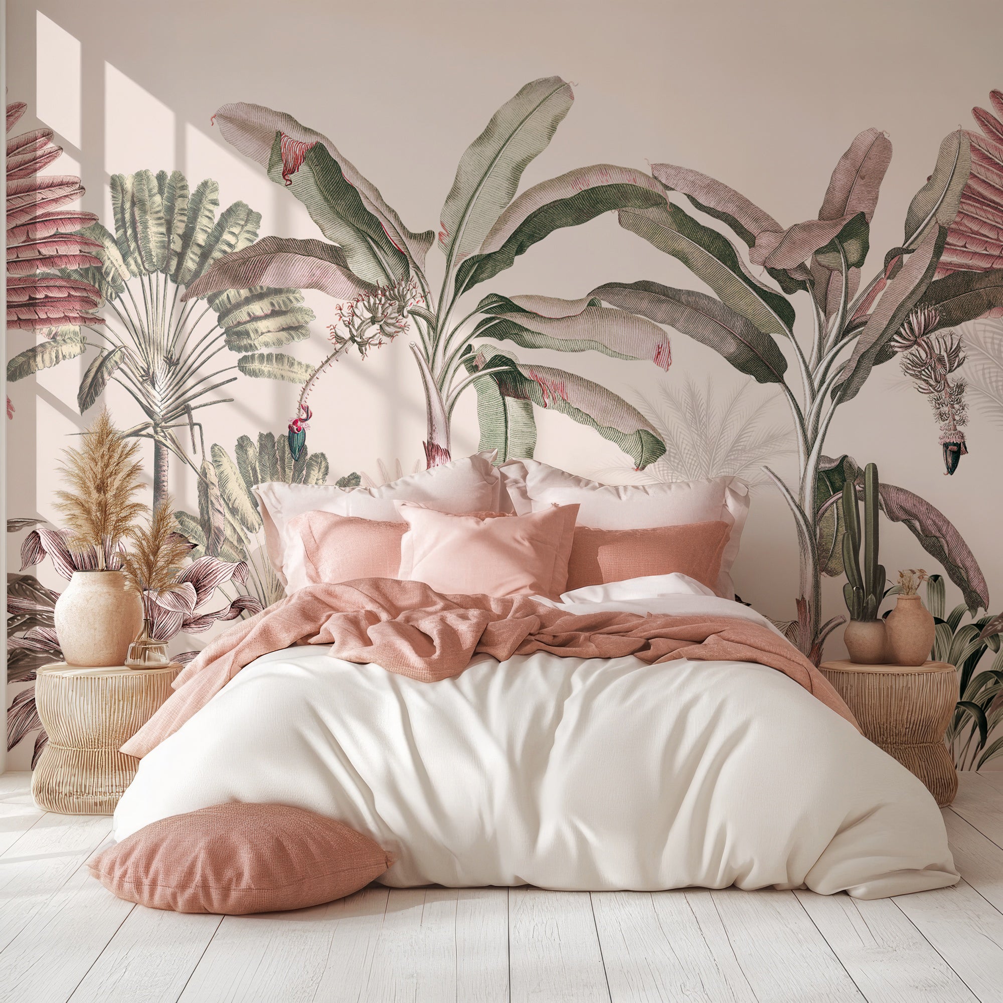 Wall Mural - Vintage Green and Pink Jungle - Removable Vinyl (Peel & Stick) - Made to Measure