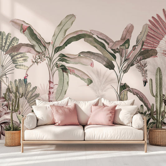 Dominica Pink Wallpapr In Living Room With Wooden Sofa With Cream & Beige Cushions With Cactus Plants In Woven PLant Pots Either Side