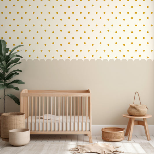 Dotty Scallops Beige Wallpaper In Nursery With Wooden Crib And Green Plant And Wooden Stools