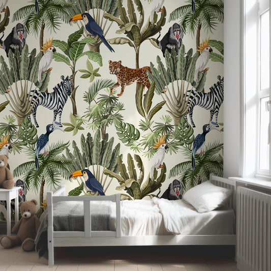 Dreaker Wallpaper In Child's Bedroom With Grey Bed And Two Brown Teddy Bears