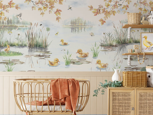 Puddles Spring Wallpaper in a Baby Room with a Cot