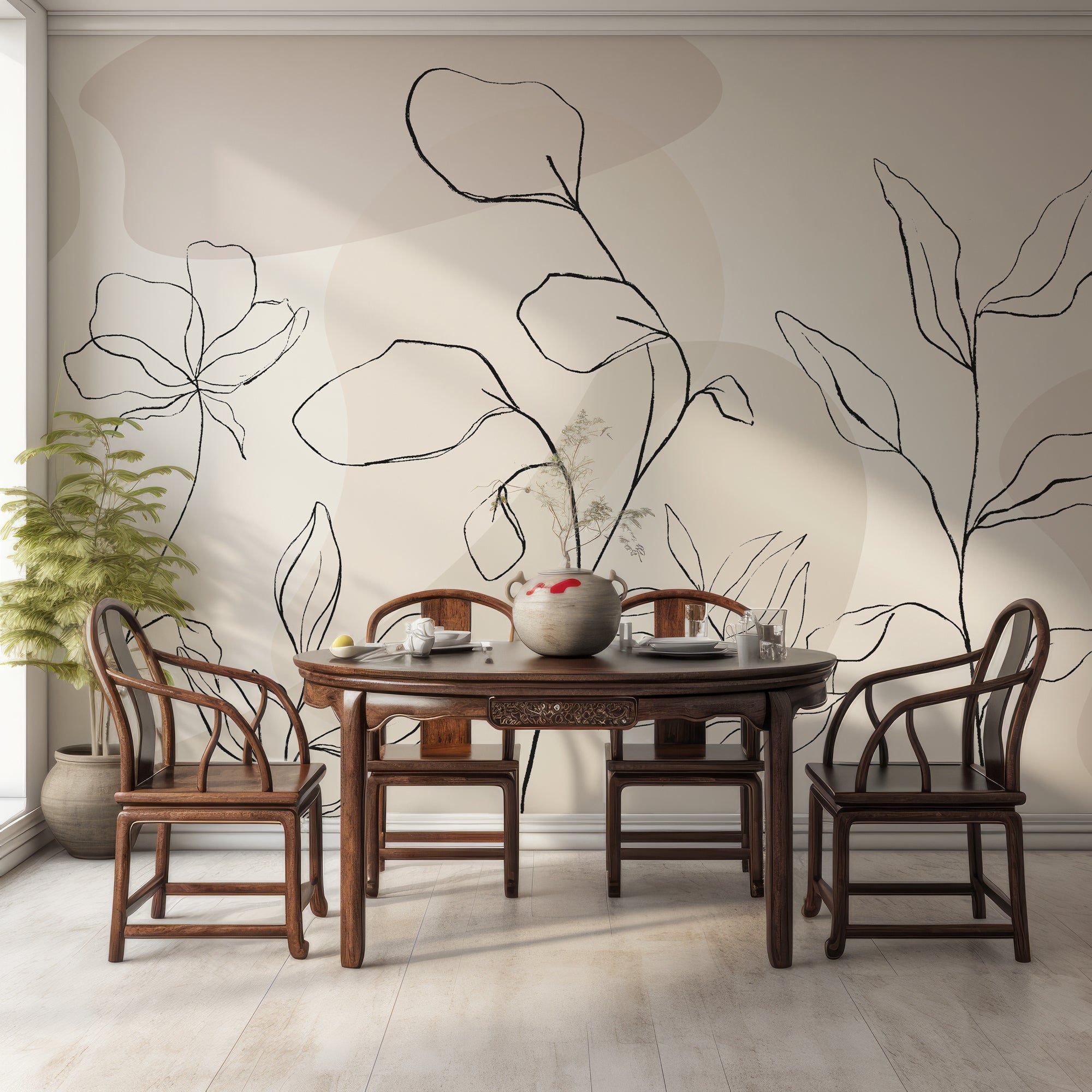 Wall Mural - Beige Botanical Abstract Floral Outline - Traditional Wallpaper (Paste-the-wall) - Made to Measure