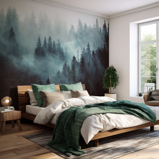 Easurven Wallpaper In Bedroom With Green Bedding And Wooden Bed With Large Window Letting Lots Of Light In