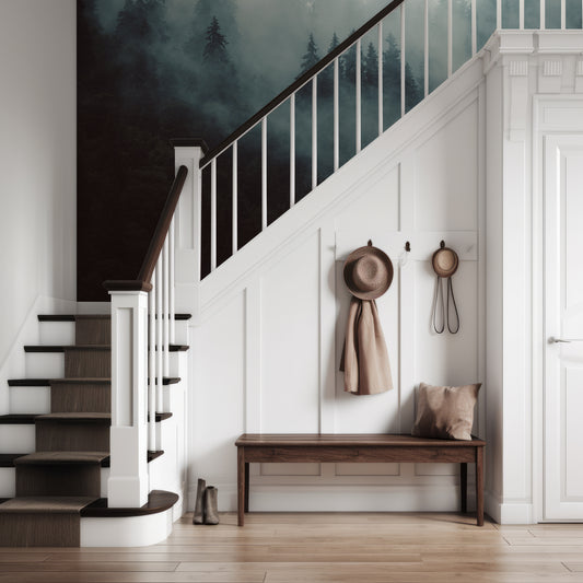 Easurven Wallpaper In Hallway With Dark Wooden And White Stairway