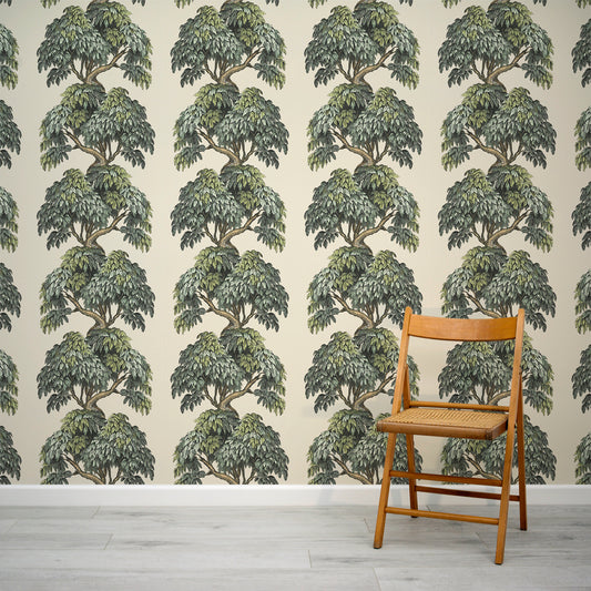 Eden Vintage Tree Illustration Pattern Wallpaper Mural with Folding Chair