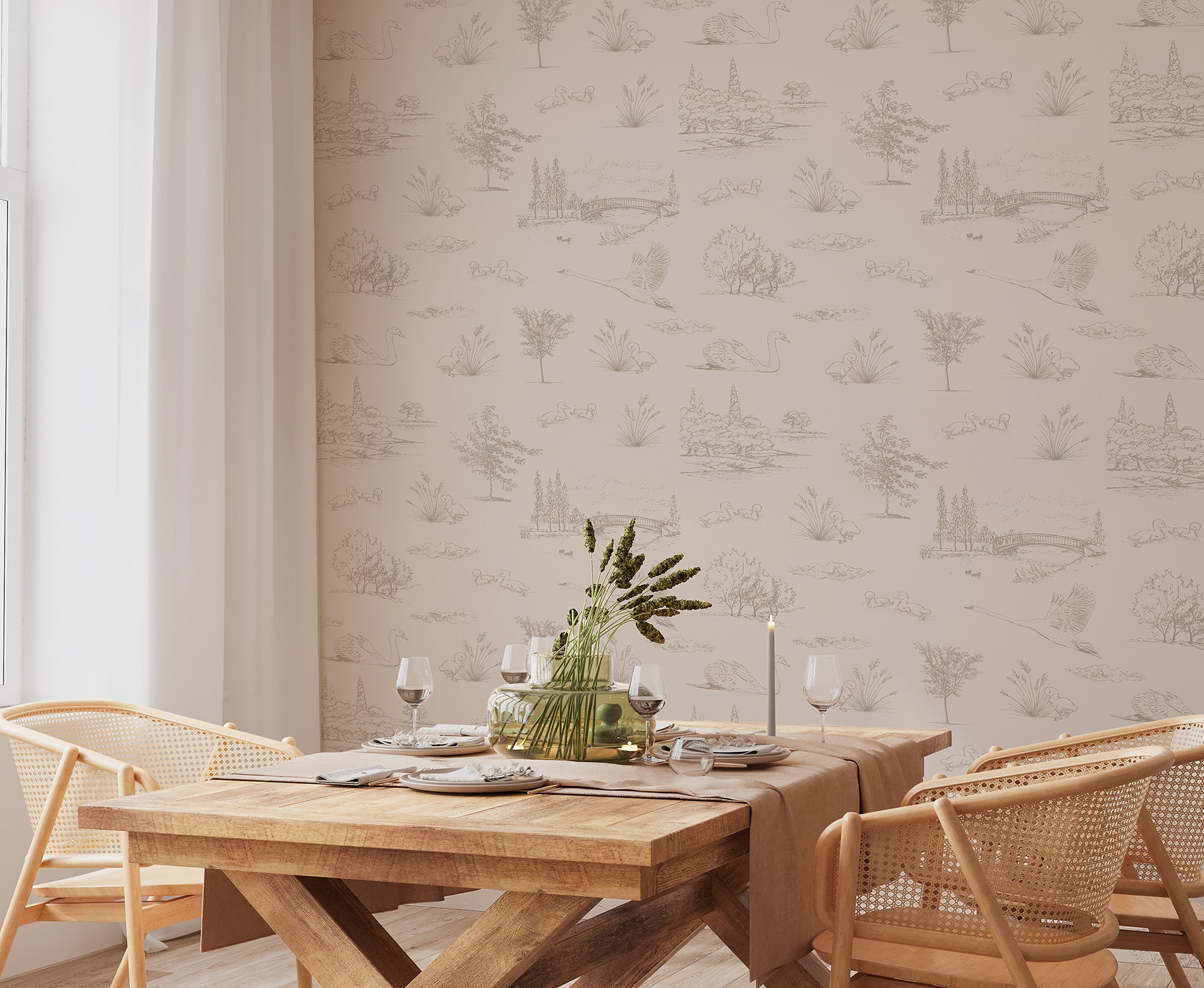 Wall Mural - Swans and River Scene Pattern - Traditional Wallpaper (Paste-the-wall) - Made to Measure