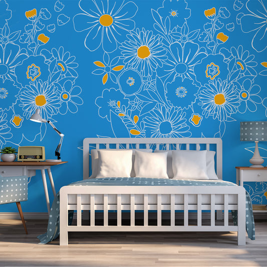 Electric Blooms Wallpaper In Bedroom With White Bed And Blue Polka Dot Bedding
