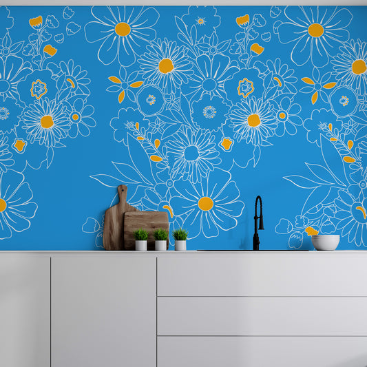 Electric Blooms Wallpaper In Kitchen With White Worktops