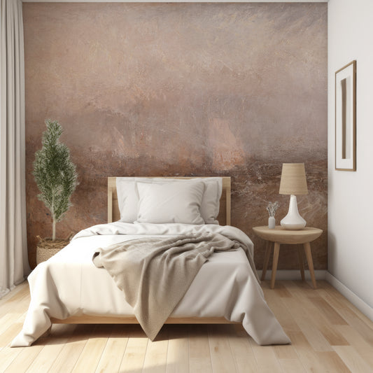 Elena Wallpaper in a Modern bedroom with a bed, nightstand, and wall art