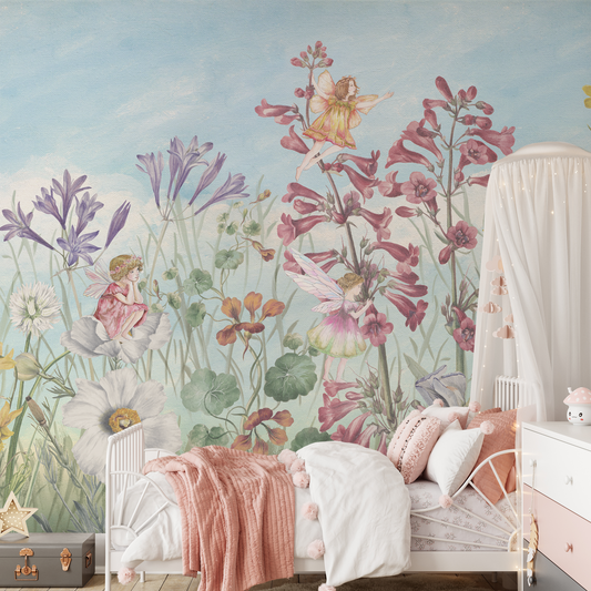 Children's bedroom with floral wallpaper featuring fairies and large flowers.